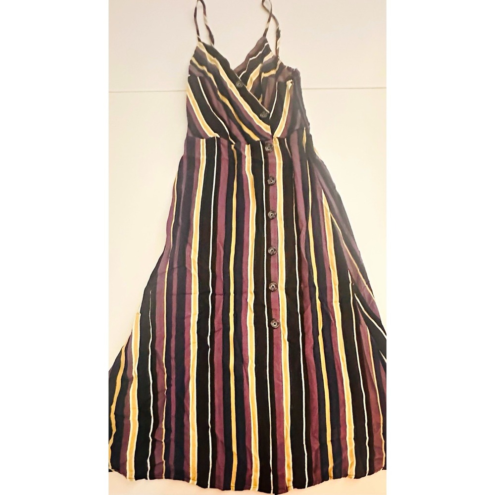 Hollister Women's M Black/Purple Striped Button-Front V-Neck Strappy Midi